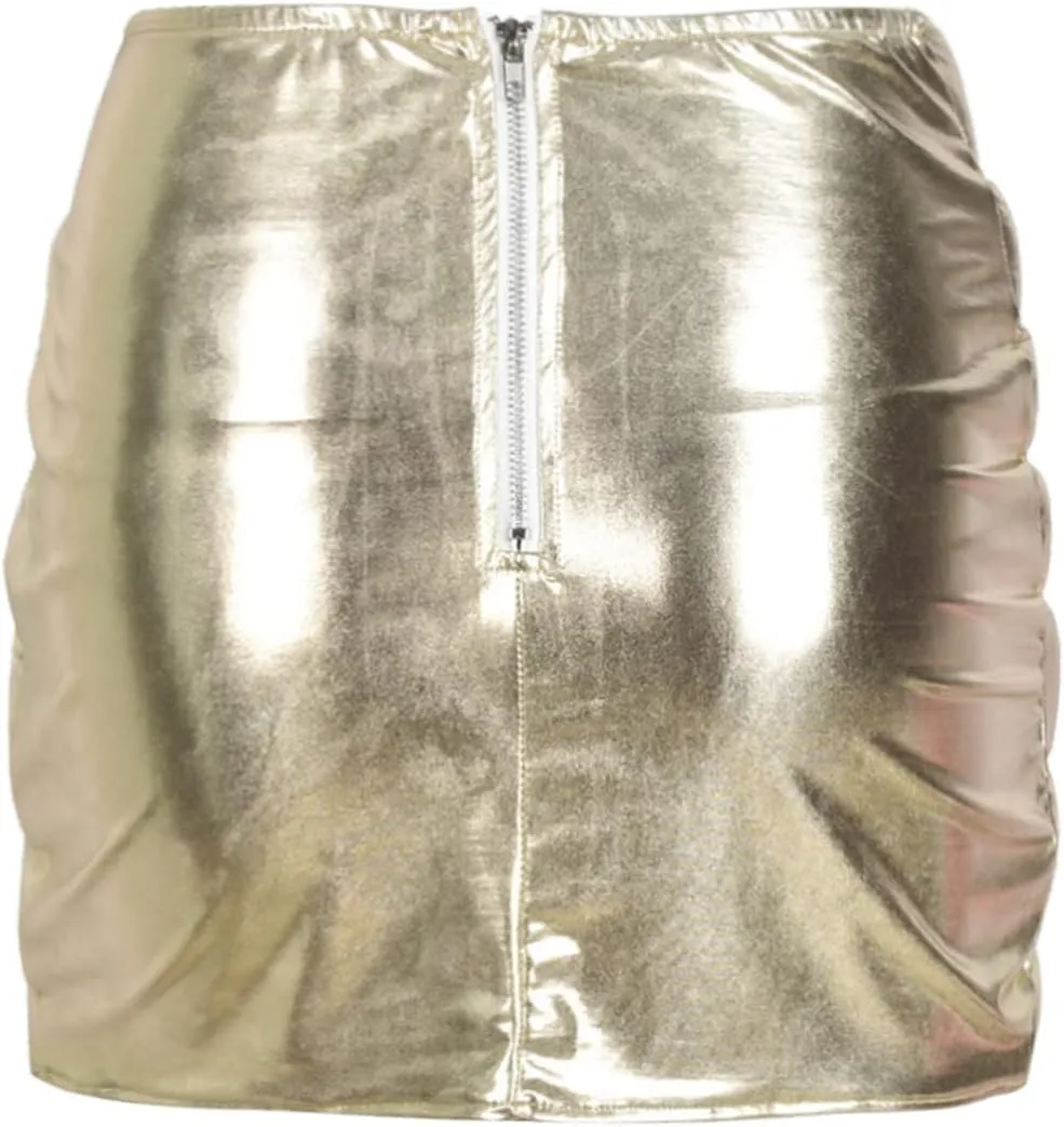 Women's Sexy High Waist Faux Leather Lace Up Side Hollow Out Bodycon Tight Mini Skirt Shiny Metallic Ruched Skirts