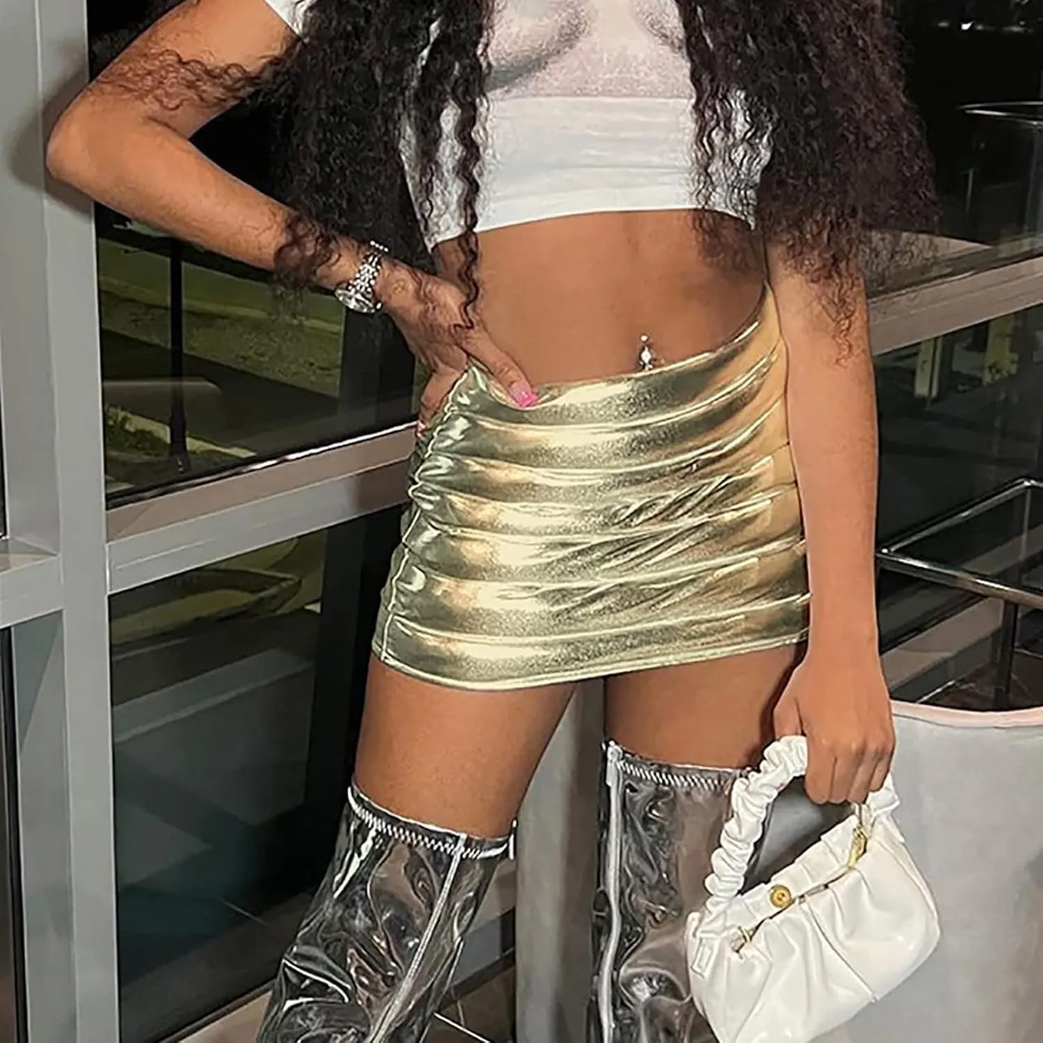 Women's Sexy High Waist Faux Leather Lace Up Side Hollow Out Bodycon Tight Mini Skirt Shiny Metallic Ruched Skirts