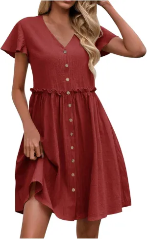 Womens Summer Button Down A-line Dress Ruffle Short Sleeve Mini Dresses Loose Fit V Neck Beach Casual Sundress