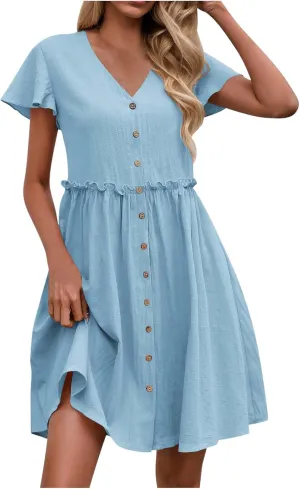 Womens Summer Button Down A-line Dress Ruffle Short Sleeve Mini Dresses Loose Fit V Neck Beach Casual Sundress
