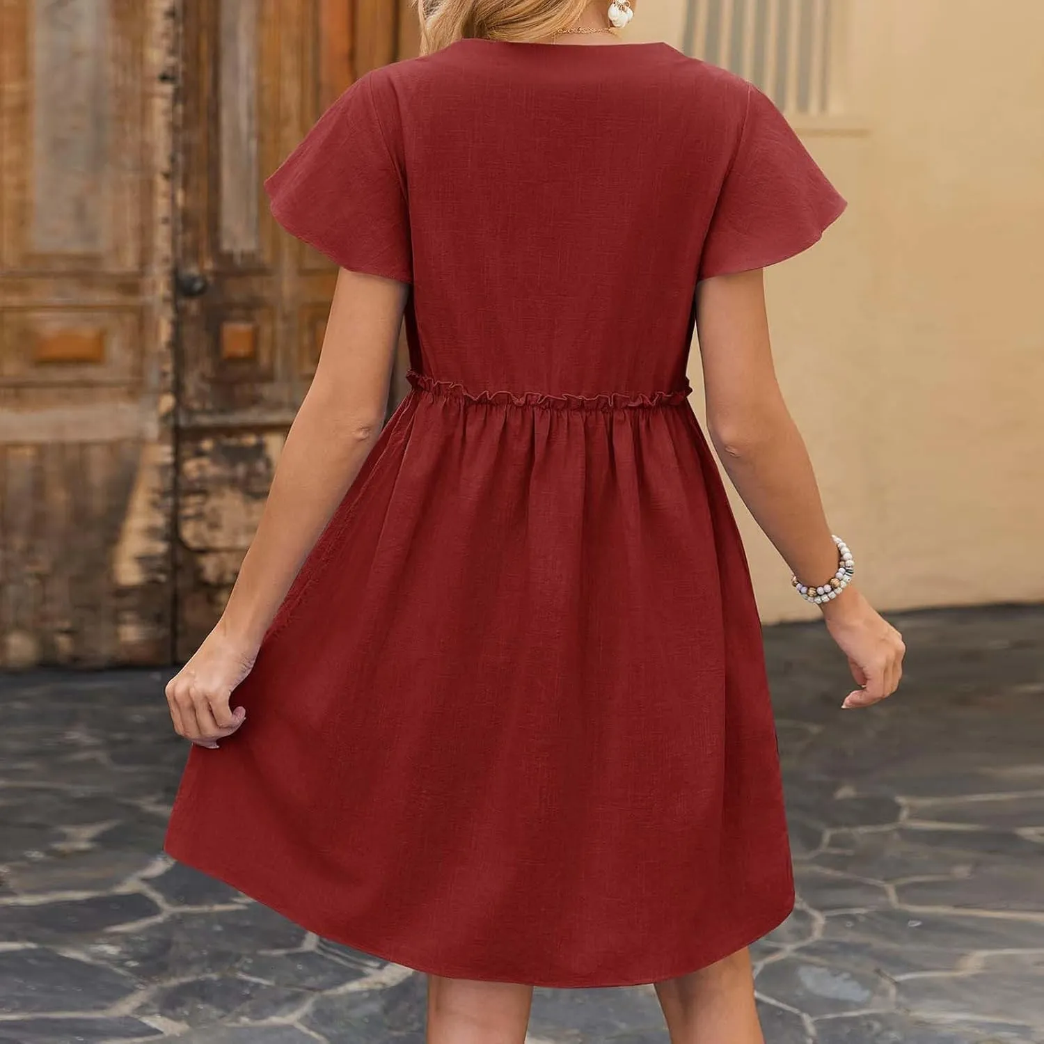 Womens Summer Button Down A-line Dress Ruffle Short Sleeve Mini Dresses Loose Fit V Neck Beach Casual Sundress