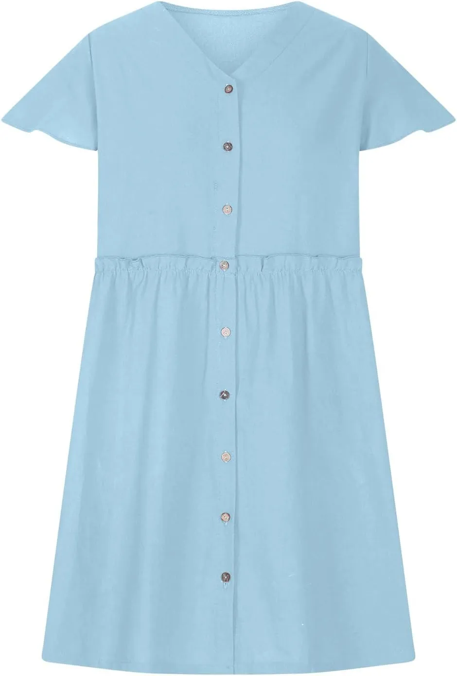 Womens Summer Button Down A-line Dress Ruffle Short Sleeve Mini Dresses Loose Fit V Neck Beach Casual Sundress