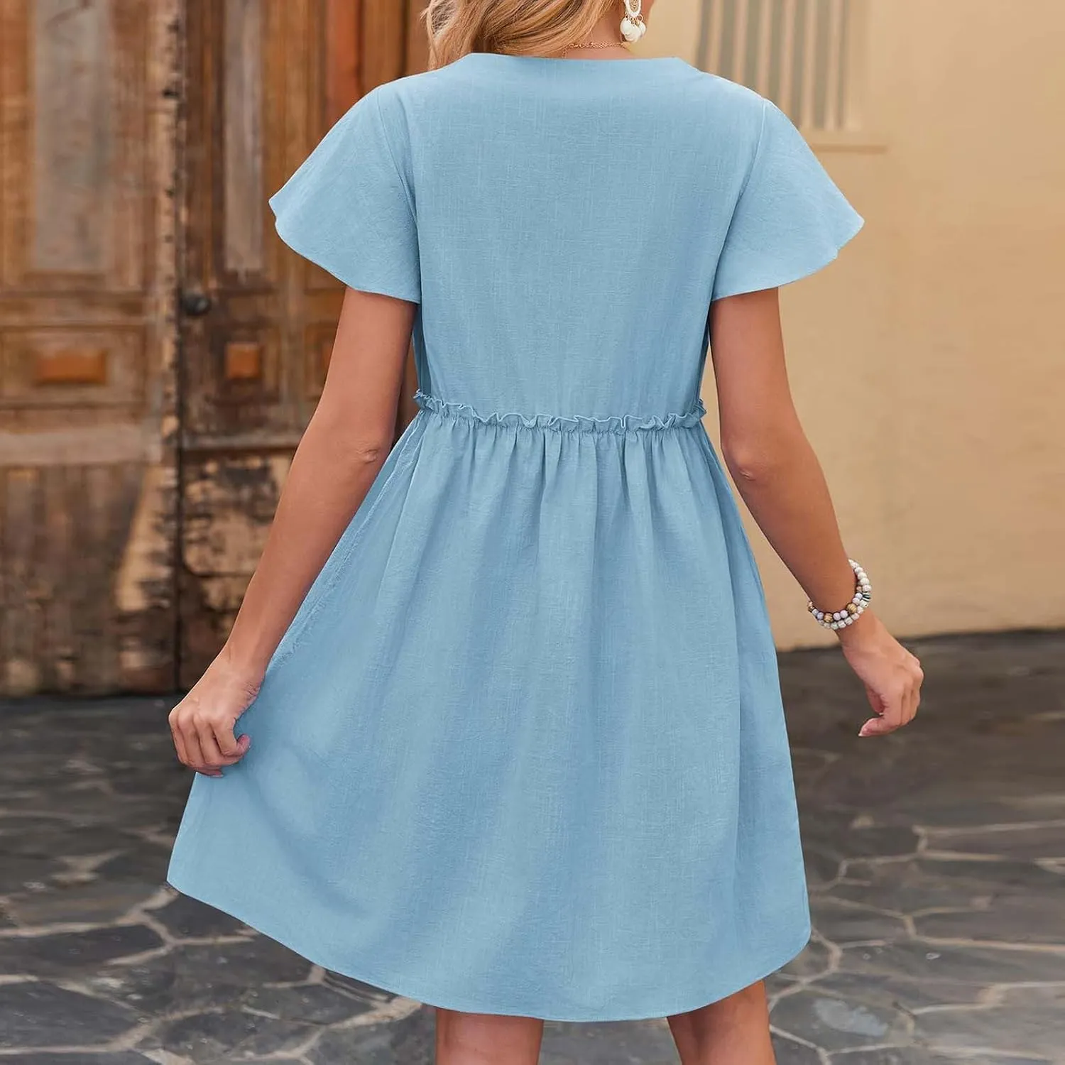 Womens Summer Button Down A-line Dress Ruffle Short Sleeve Mini Dresses Loose Fit V Neck Beach Casual Sundress