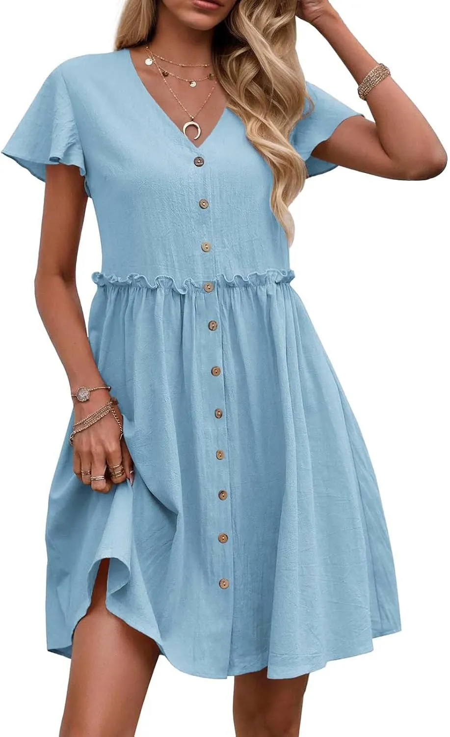 Womens Summer Button Down A-line Dress Ruffle Short Sleeve Mini Dresses Loose Fit V Neck Beach Casual Sundress