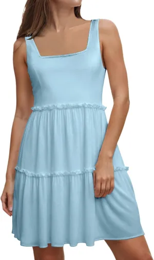 Womens Summer Casual Square Neck A Line Mini Dress Flowy Tiered Sleeveless Sundresses Beach Beach Dresses for
