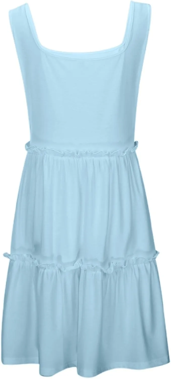 Womens Summer Casual Square Neck A Line Mini Dress Flowy Tiered Sleeveless Sundresses Beach Beach Dresses for