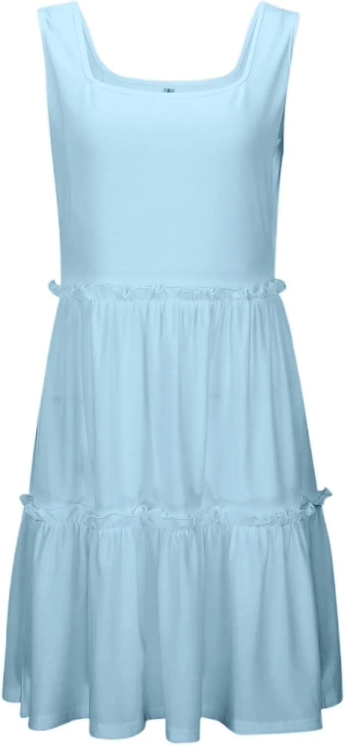Womens Summer Casual Square Neck A Line Mini Dress Flowy Tiered Sleeveless Sundresses Beach Beach Dresses for