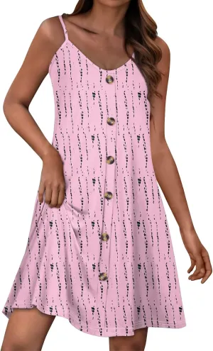 Womens Summer Dresses Beach Floral Sundresses Button Flowy Mini Dress Spaghetti Strap Casual Sleeveless a Line Dress