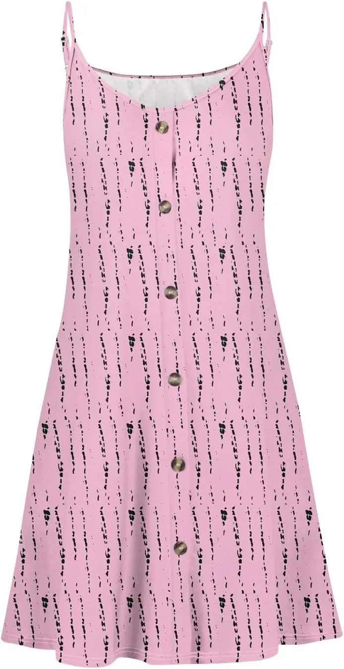 Womens Summer Dresses Beach Floral Sundresses Button Flowy Mini Dress Spaghetti Strap Casual Sleeveless a Line Dress