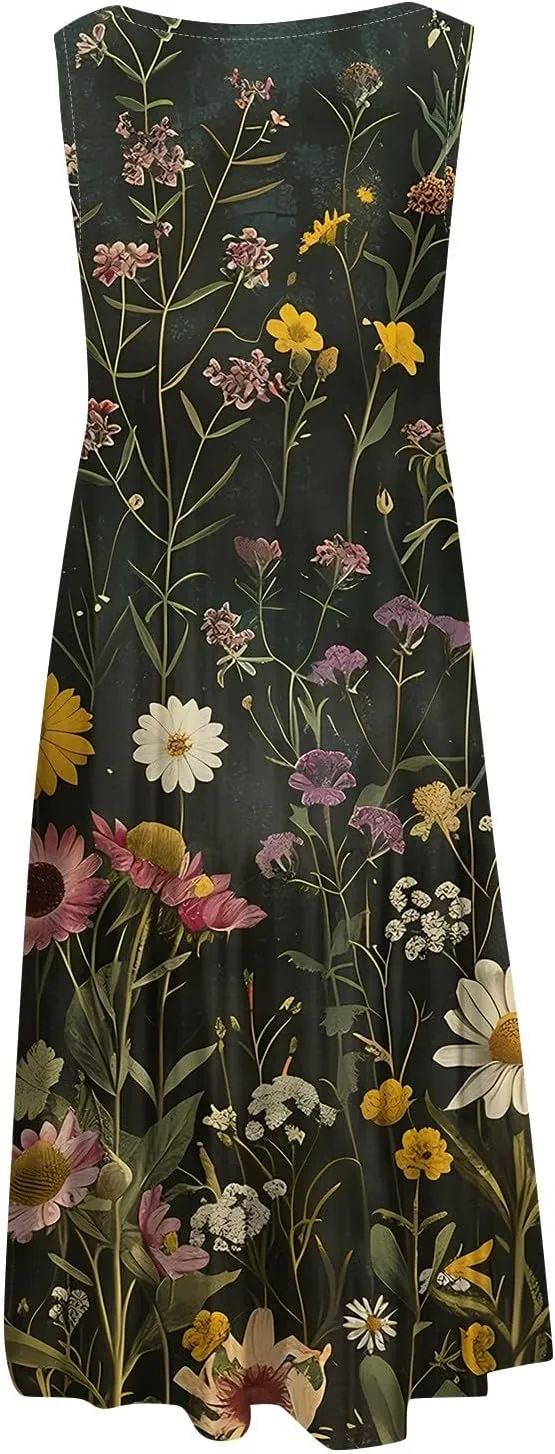 Womens Summer Dresses Round Neck Floral Print Tank Dresses Pleated Sleeveless Midi Dresses Flowy Beach Dress