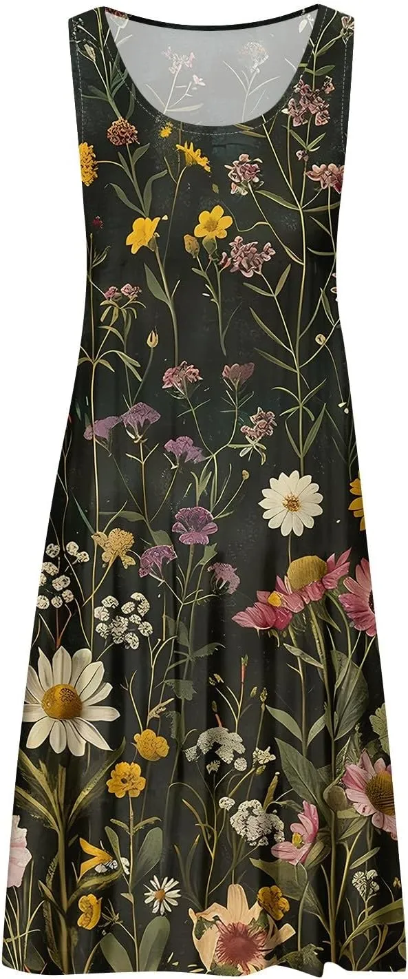 Womens Summer Dresses Round Neck Floral Print Tank Dresses Pleated Sleeveless Midi Dresses Flowy Beach Dress