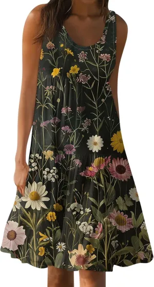 Womens Summer Dresses Round Neck Floral Print Tank Dresses Pleated Sleeveless Midi Dresses Flowy Beach Dress