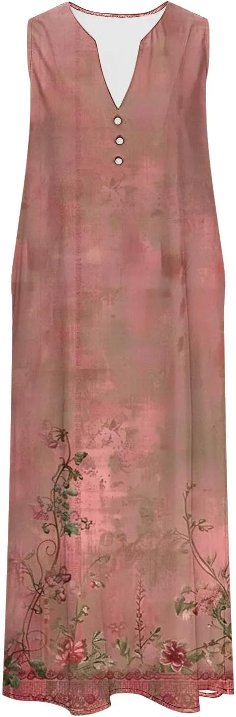 Women's Summer Floral Casual Dress Plus Size Midi Sundress Sleeveless Henley V-Neck Long Tank Dresses with Pockets