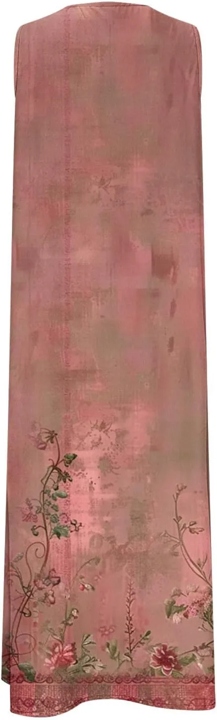 Women's Summer Floral Casual Dress Plus Size Midi Sundress Sleeveless Henley V-Neck Long Tank Dresses with Pockets