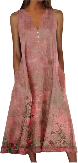 Women's Summer Floral Casual Dress Plus Size Midi Sundress Sleeveless Henley V-Neck Long Tank Dresses with Pockets