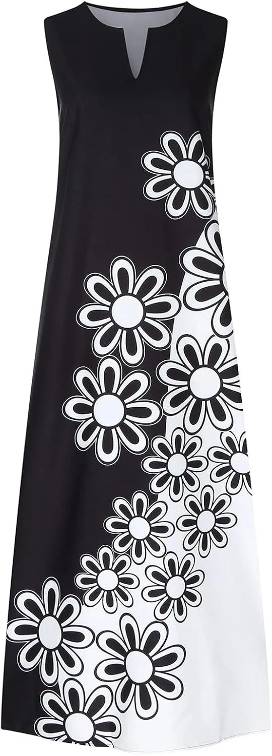 Women's Summer Maxi Dresses Casual Sleeveless Bohemian Floral Print Flowy Dress Vintage Summer Beach Long Sundresses
