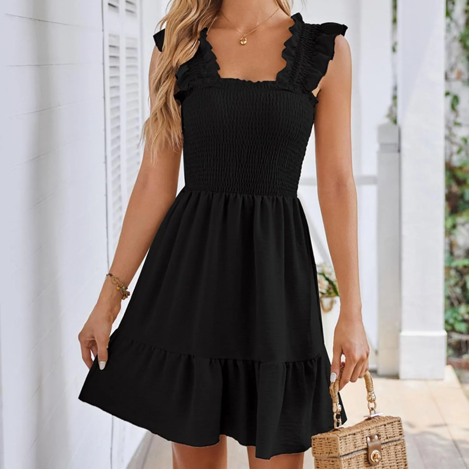 Women's Summer Mini Dresses Square Neck Smocked Boho Dress Ruffle Sleeveless Flowy Cute Casual A-Line Beach Sundress