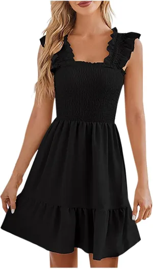 Women's Summer Mini Dresses Square Neck Smocked Boho Dress Ruffle Sleeveless Flowy Cute Casual A-Line Beach Sundress