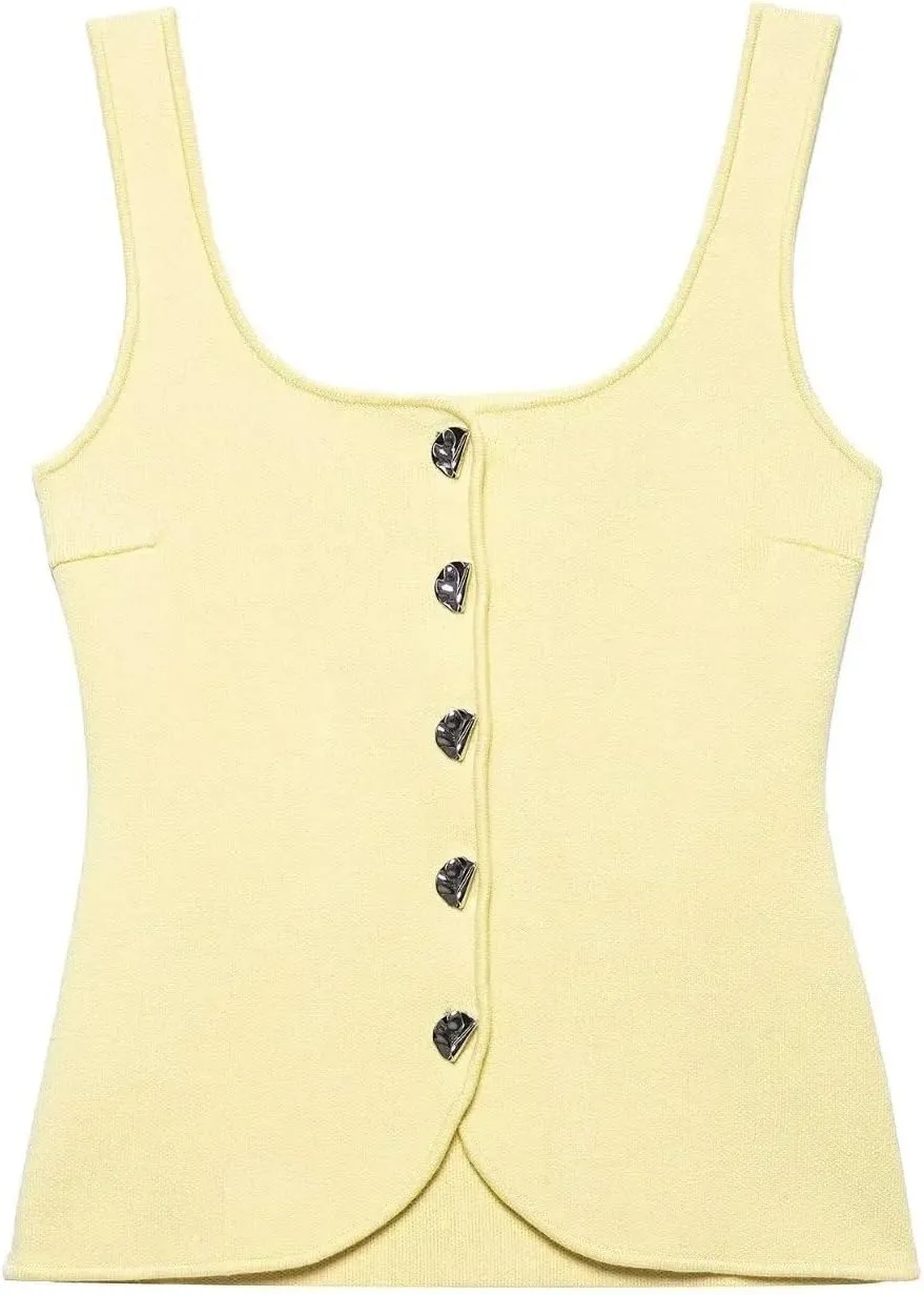 Women's Summer Square Neck Knit Camisole Top Sleeveless Button Casual Vest Blouse