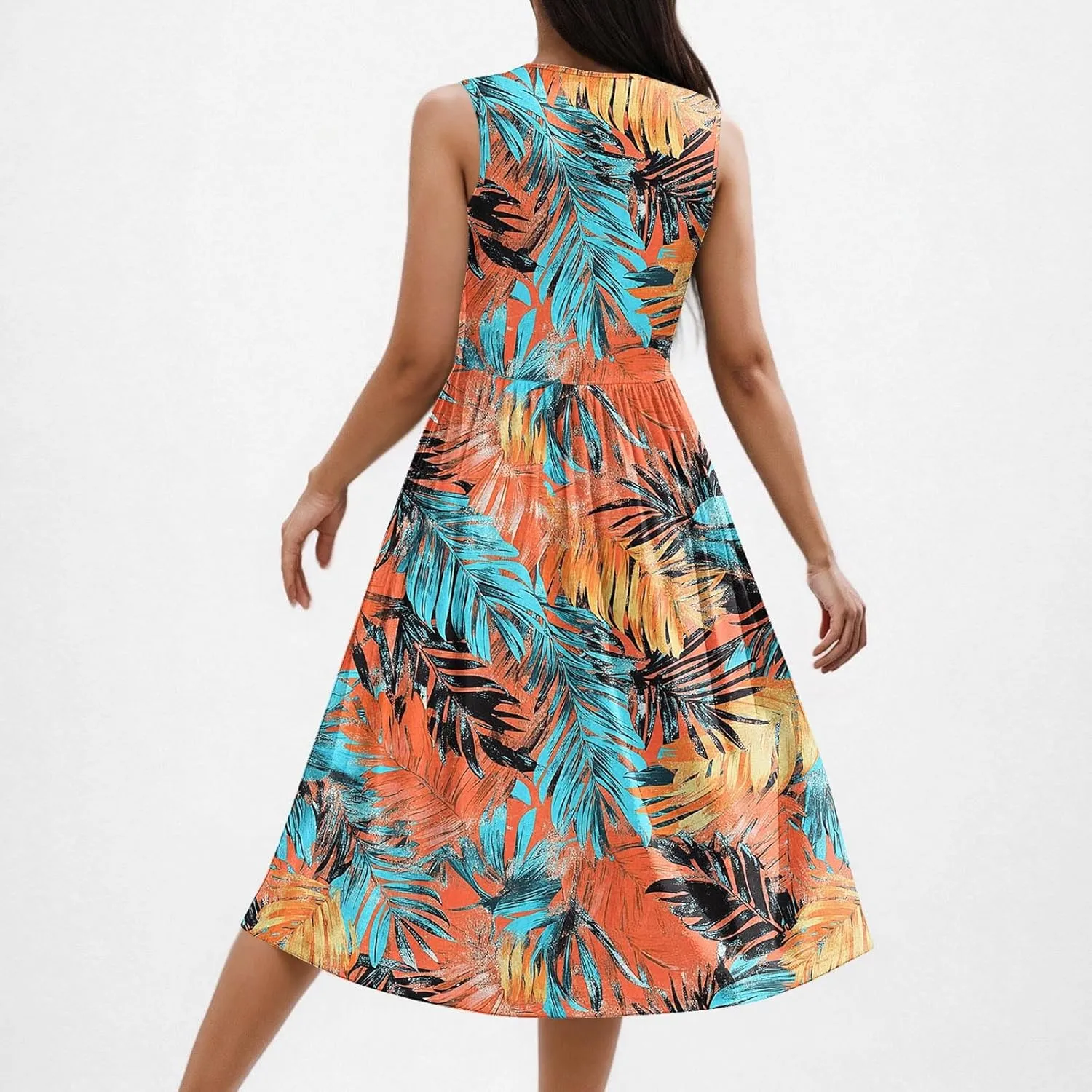 Women's Summer Tank Midi Dress with Pockets, Sleeveless A-Line Sun Dresses Casual T-Shirt Dress Flowy Beach Sundress