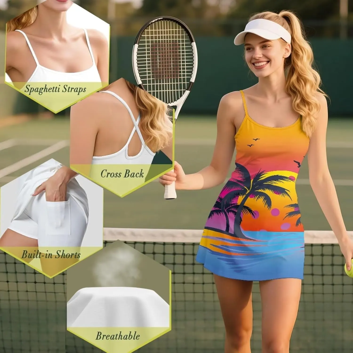 Womens Tennis Golf Dress with Built-in Short Summer 2 in 1 Athletic Sport Active Skirt Size XS-2XL