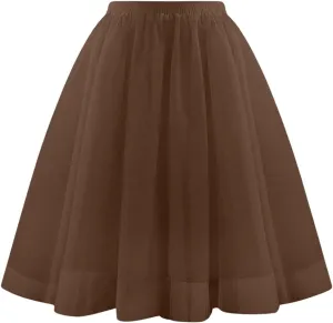 Womens Tulle Skirts Midi Elastic High Waist Pleated Mesh Flowy A-Line Party Long Tutu Skirts Party Prom Underskirt