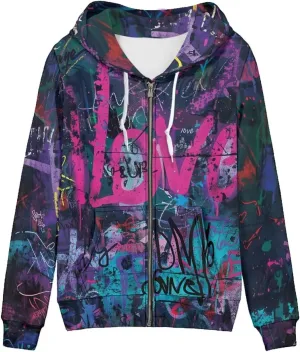 Women's Zip Up Hoodies Long Sleeve Hooded Sweatshirt Teen Girls Jacket Novelty Print Pullover