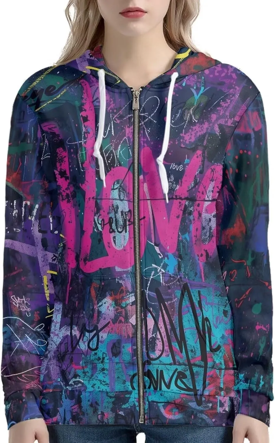 Women's Zip Up Hoodies Long Sleeve Hooded Sweatshirt Teen Girls Jacket Novelty Print Pullover