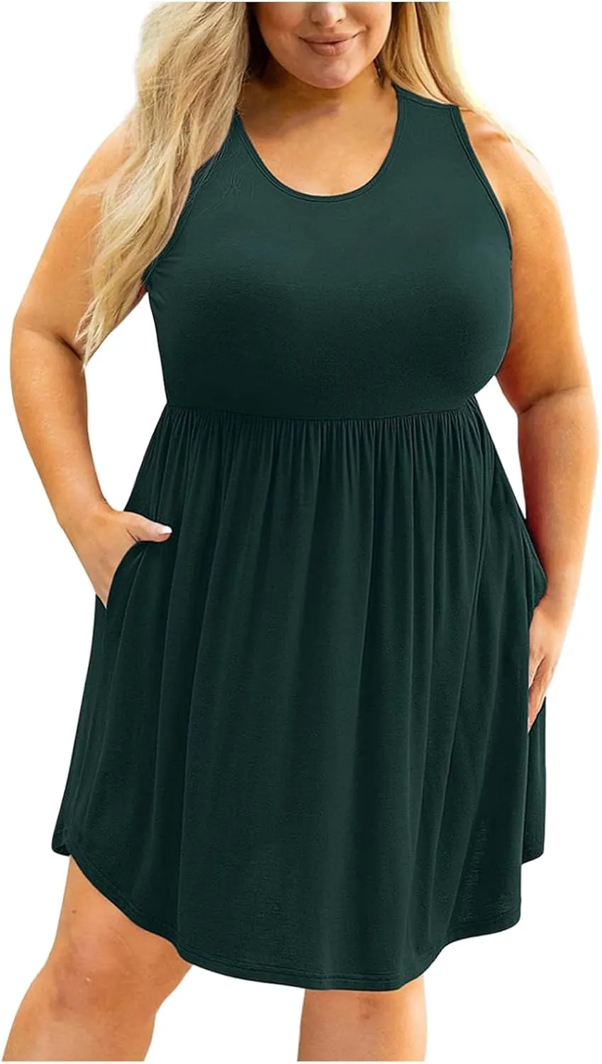 XUNRYAN Summer Tank Dress for Women Plus Size Casual Sleeveless Crewneck Pleated Babydoll Swing Beach Sundresses with Pockets