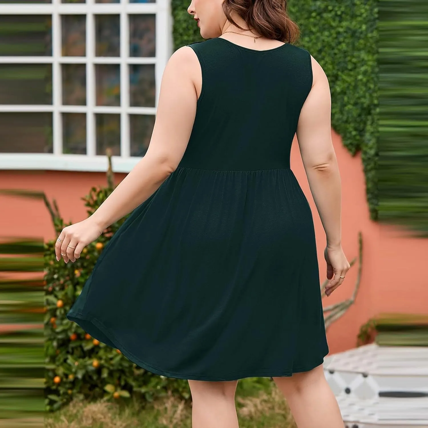 XUNRYAN Summer Tank Dress for Women Plus Size Casual Sleeveless Crewneck Pleated Babydoll Swing Beach Sundresses with Pockets