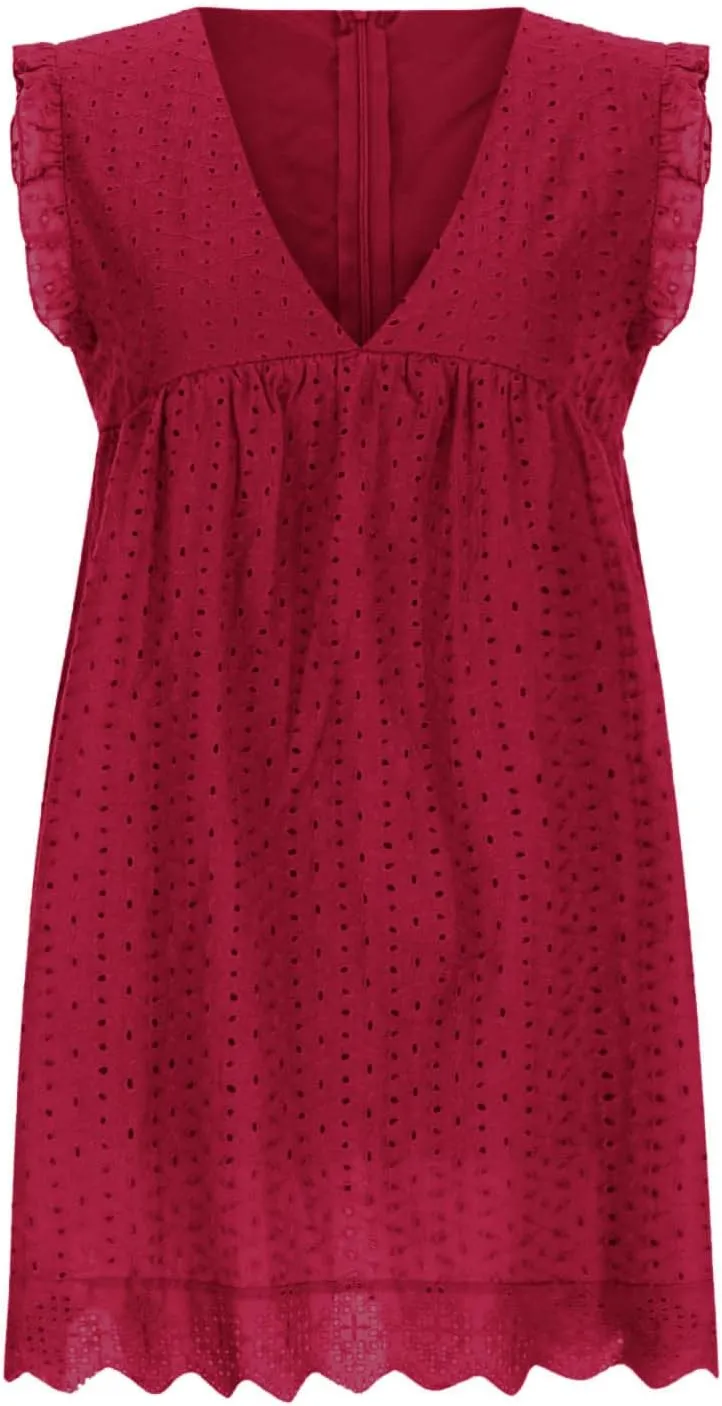 XUNRYAN Womens Summer Casual Eyelet Tank Dresses Ruffle Sleeveless Babydoll Mini Dress Flowy Swing Beach Sundresses Vacation