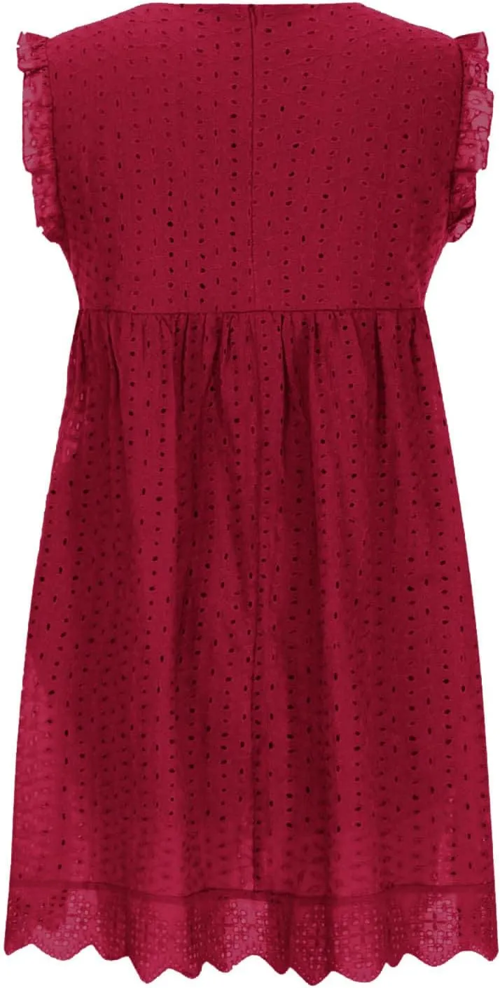 XUNRYAN Womens Summer Casual Eyelet Tank Dresses Ruffle Sleeveless Babydoll Mini Dress Flowy Swing Beach Sundresses Vacation