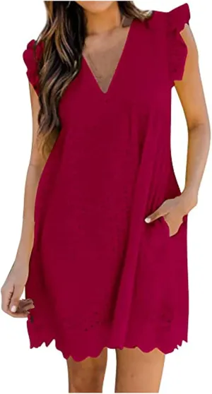 XUNRYAN Womens Summer Casual Eyelet Tank Dresses Ruffle Sleeveless Babydoll Mini Dress Flowy Swing Beach Sundresses Vacation