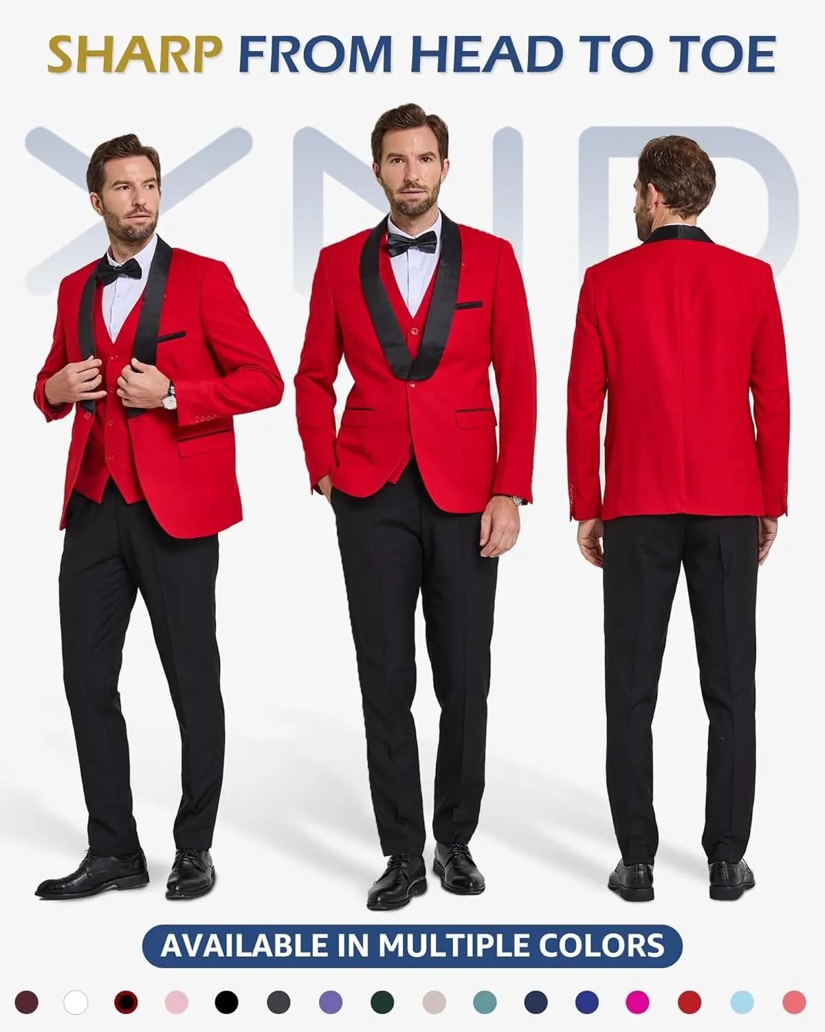 YND Men's 3 Piece Slim Fit Tuxedo Suit Set, One Button Shawl Lapel Solid Blazer, Jacket Vest Pants with Bow Tie