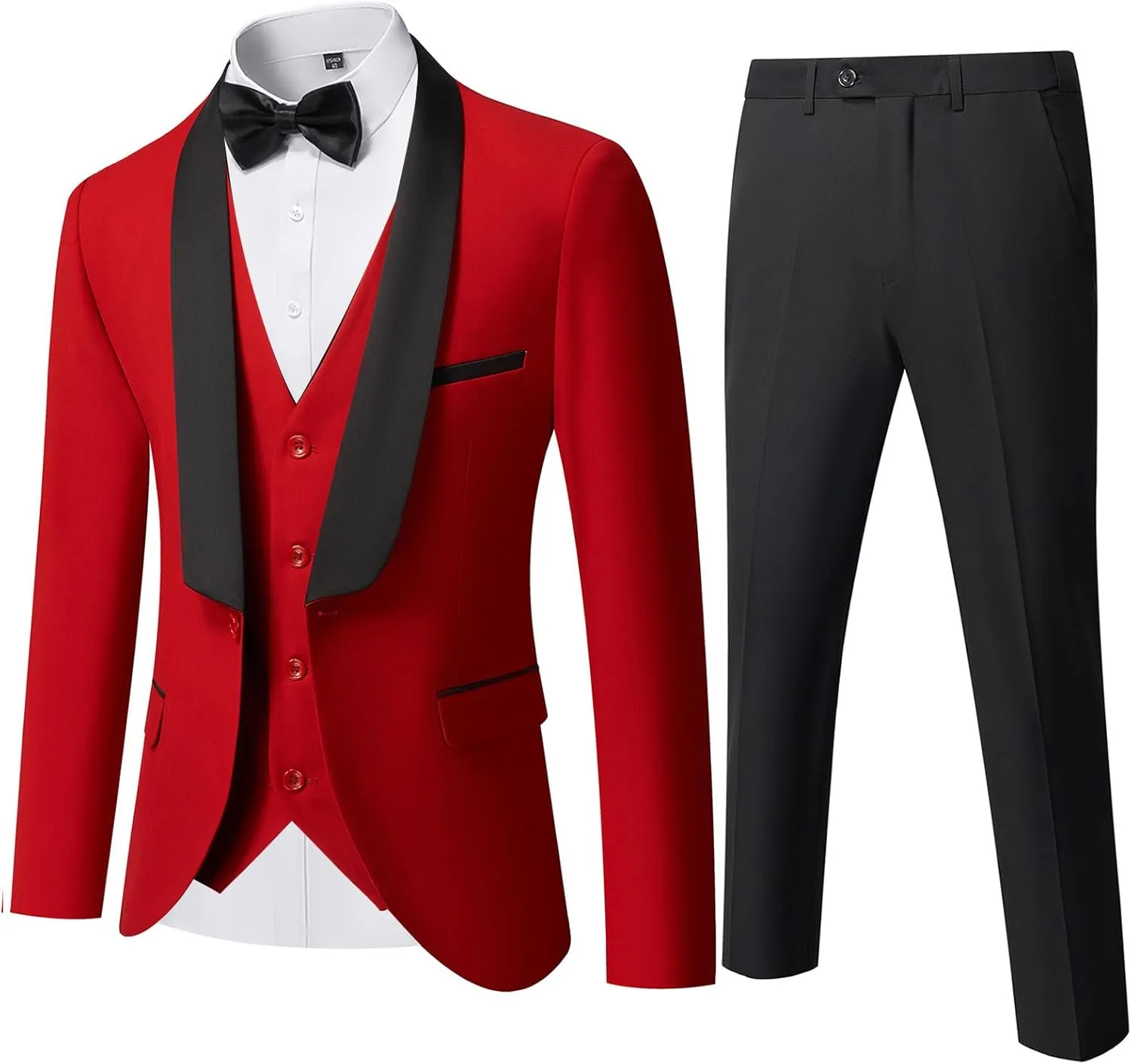 YND Men's 3 Piece Slim Fit Tuxedo Suit Set, One Button Shawl Lapel Solid Blazer, Jacket Vest Pants with Bow Tie