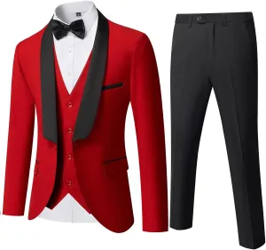 YND Men's 3 Piece Slim Fit Tuxedo Suit Set, One Button Shawl Lapel Solid Blazer, Jacket Vest Pants with Bow Tie